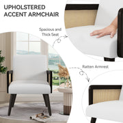 Nalupatio Rattan Accent Chair, Linen Fabric Upholstered Armchair with Wood Legs, Mid Century Modern Reading Comfy Lounge Chair with Spring Support, for Living Room Bedroom,Brown