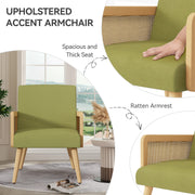 Nalupatio Rattan Accent Chair, Linen Fabric Upholstered Armchair with Wood Legs, Mid Century Modern Reading Comfy Lounge Chair with Spring Support, for Living Room Bedroom,Brown