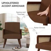 Nalupatio Rattan Accent Chair, Linen Fabric Upholstered Armchair with Wood Legs, Mid Century Modern Reading Comfy Lounge Chair with Spring Support, for Living Room Bedroom,Brown