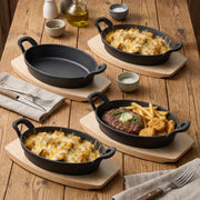 Hawsaiy 2/4 Pcs Cast Iron Grill Pan with Wooden Tray, Oval Sizzling Plate with Binaural Handles, Non-Stick & Heat Resistant Skillet for Steak, Fish & Vegetables