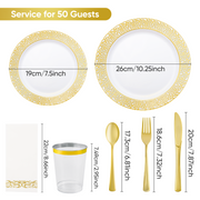 Hawsaiy 350PCS Gold Embossed Disposable Dinnerware Set, Plastic Plates & Cups with Napkins & Cutlery, BPA Free, Reusable Party Tableware for Wedding, Birthday, Holiday