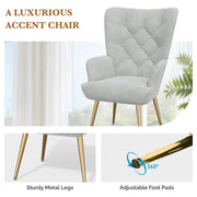 Nalupatio Mid Century Modern Velvet Accent Chair, Tufted Button Wingback Chair, Upholstered Armchair with Metal Legs, High Back Side Chair for Living Room Bedroom, Grey