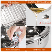 Kerilyn Deep Fryer Pot, 11 Inch/4.2 L Janpanese Style Tempura Frying Pot with Lid, 304 Stainless Steel with Temperature Control and Oil Drip Drainer Rack, for Kitchen French Fries, Chicken etc