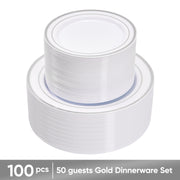 Hawsaiy 100/200PCS Disposable Plastic Plates Set, White Plates with Gold Rim, 7 Inch & 10 Inch Party Dinner Plates, BPA Free, Food Grade, Heavy Duty, Reusable