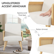 Nalupatio Rattan Accent Chair, Linen Fabric Upholstered Armchair with Wood Legs, Mid Century Modern Reading Comfy Lounge Chair with Spring Support, for Living Room Bedroom,Brown