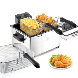 Kerilyn 5L Deep Fryer with Basket, 1700W Electric Deep Fryer with Time & Temperature Control for Home Use, 3 Frying Baskets, Lid with View Window and Odor Free Filter, Stainless Steel, Dishwasher Safe