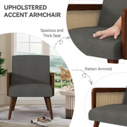 Nalupatio Rattan Accent Chair, Linen Fabric Upholstered Armchair with Wood Legs, Mid Century Modern Reading Comfy Lounge Chair with Spring Support, for Living Room Bedroom,Brown